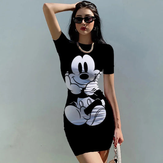 Disney Minnie Mickey Mouse Hip Skinny Mini Dress Sexy Bodycon Lady Club Short Sleeve Sundress for Women 2022