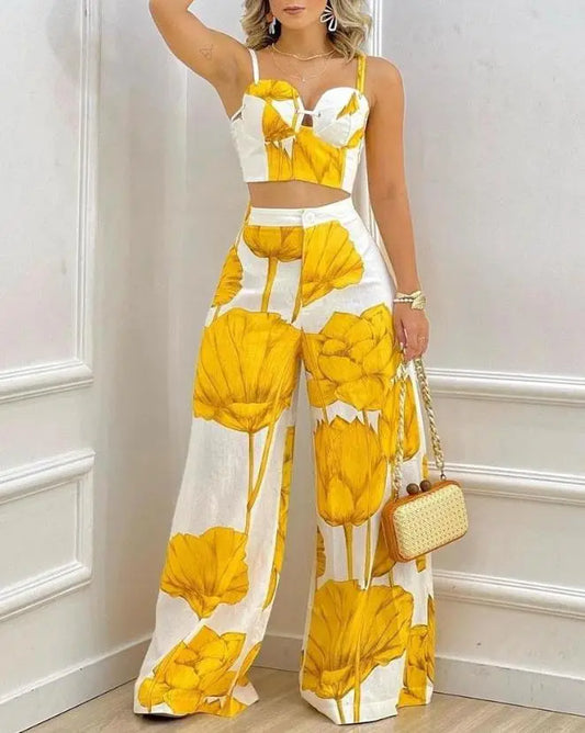 Womens Fashion Spring 2023 Outfit Two Piece Set Sleeveless Crop Cami Top with Eye Catching Plants Print Wide Leg Casual Pants